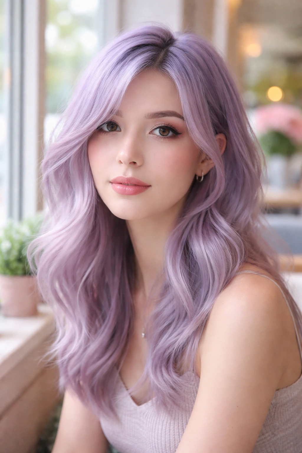 Close-up of a person with periwinkle-pink fog hair in soft light