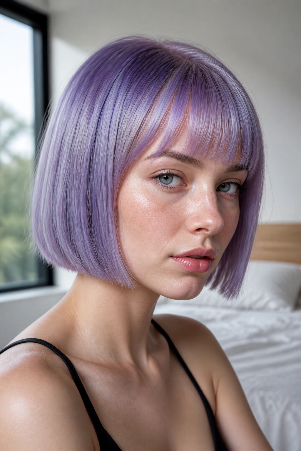 Close-up of a woman with periwinkle purple hair on pale blonde base in bright setting