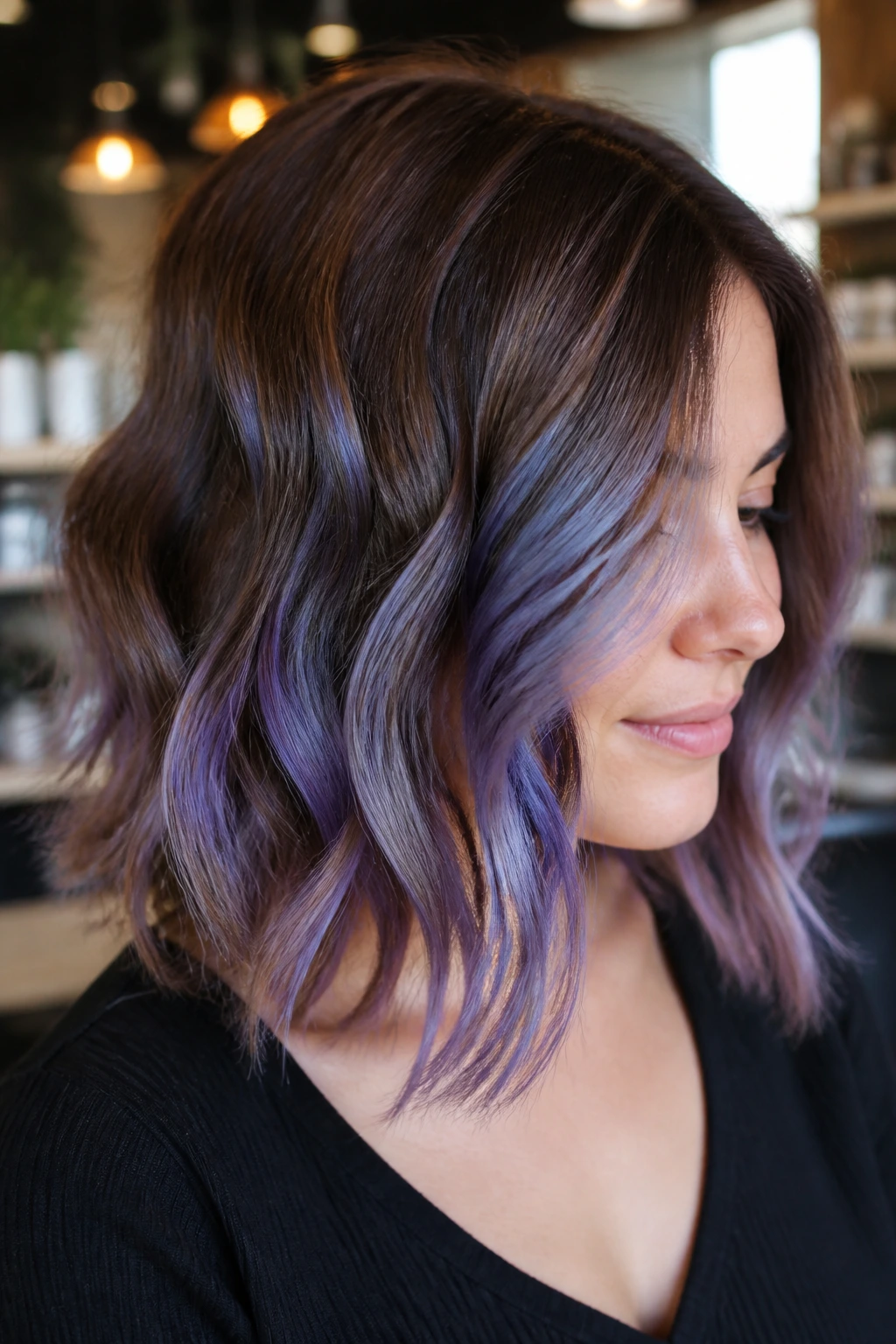 Shoulder-length brown hair with periwinkle highlights