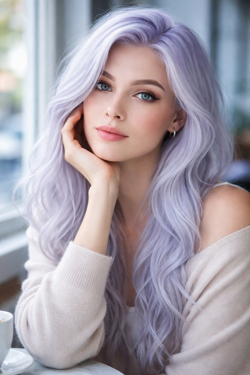 Close-up portrait of a real woman with periwinkle tinted white hair in natural light