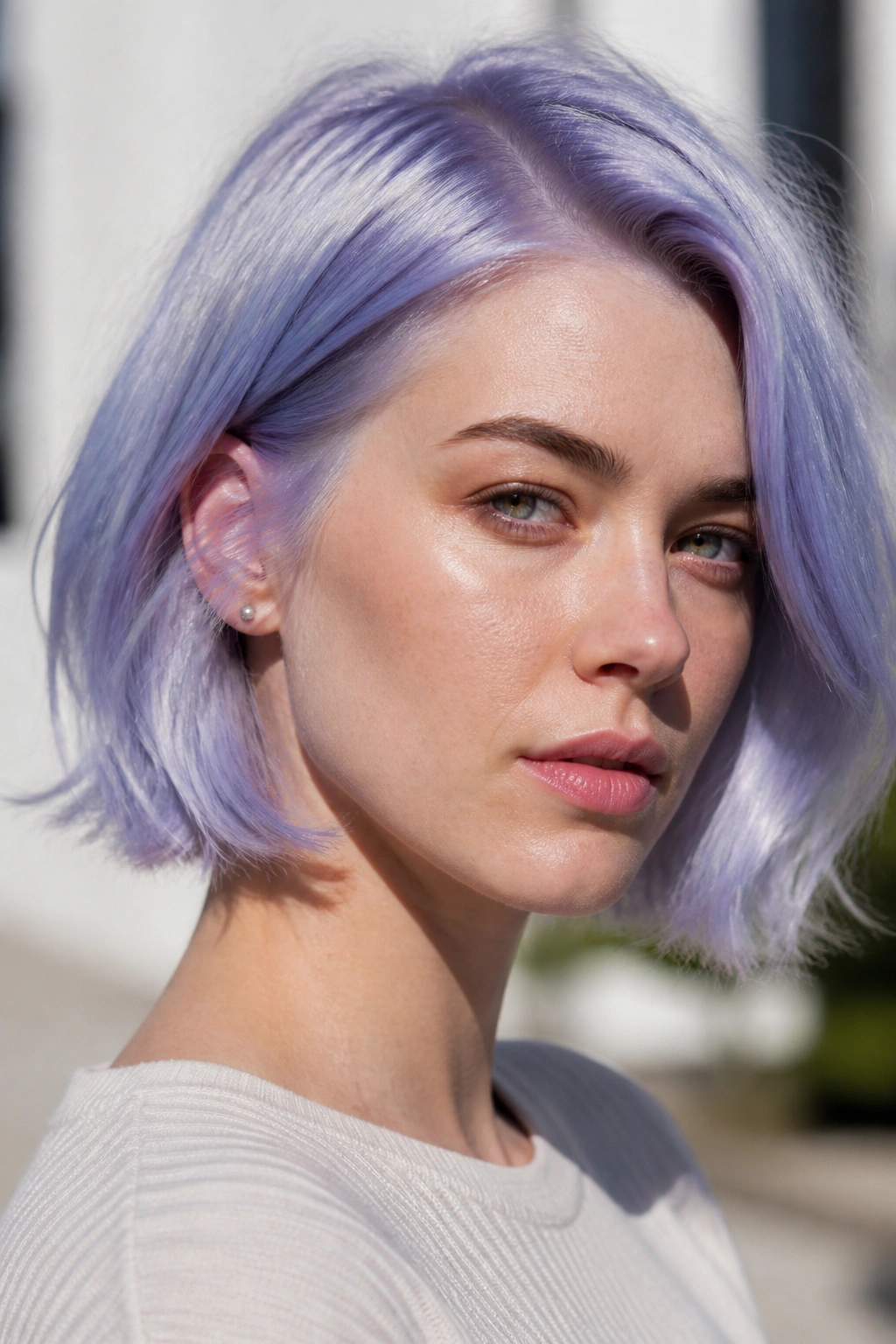 Portrait of a person with periwinkle violet hair in a short bob