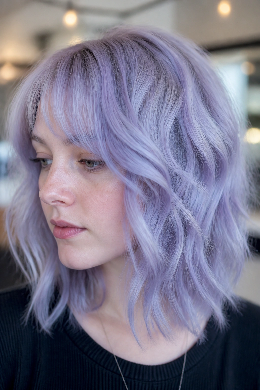 Close-up of pale blonde hair with periwinkle violet shade and soft waves