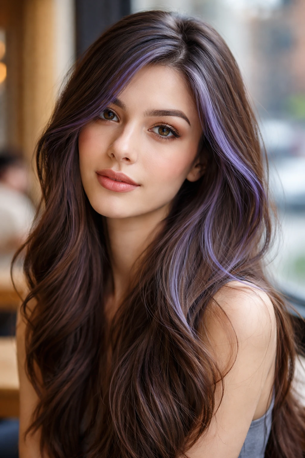 Close-up of a woman with delicate periwinkle wisps on ash brown hair