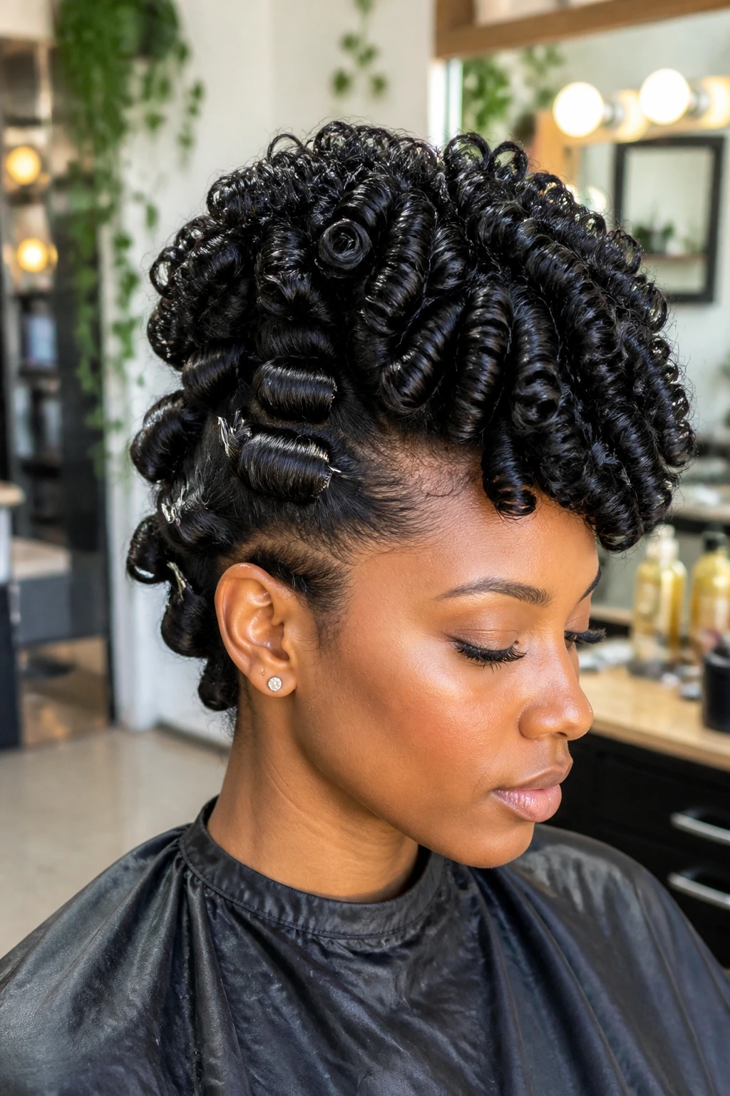 Close-up of a real person with uniform spiral curls forming a central Mohawk in a salon