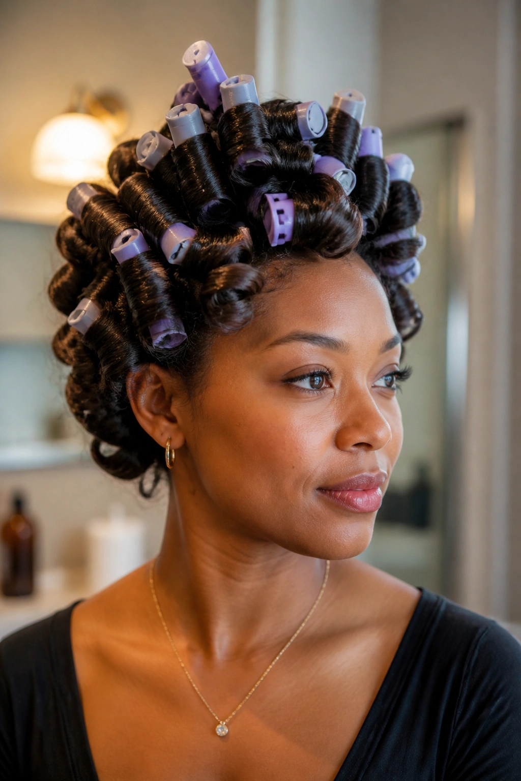 Close-up of a real person with a perm rod set giving height at the crown.