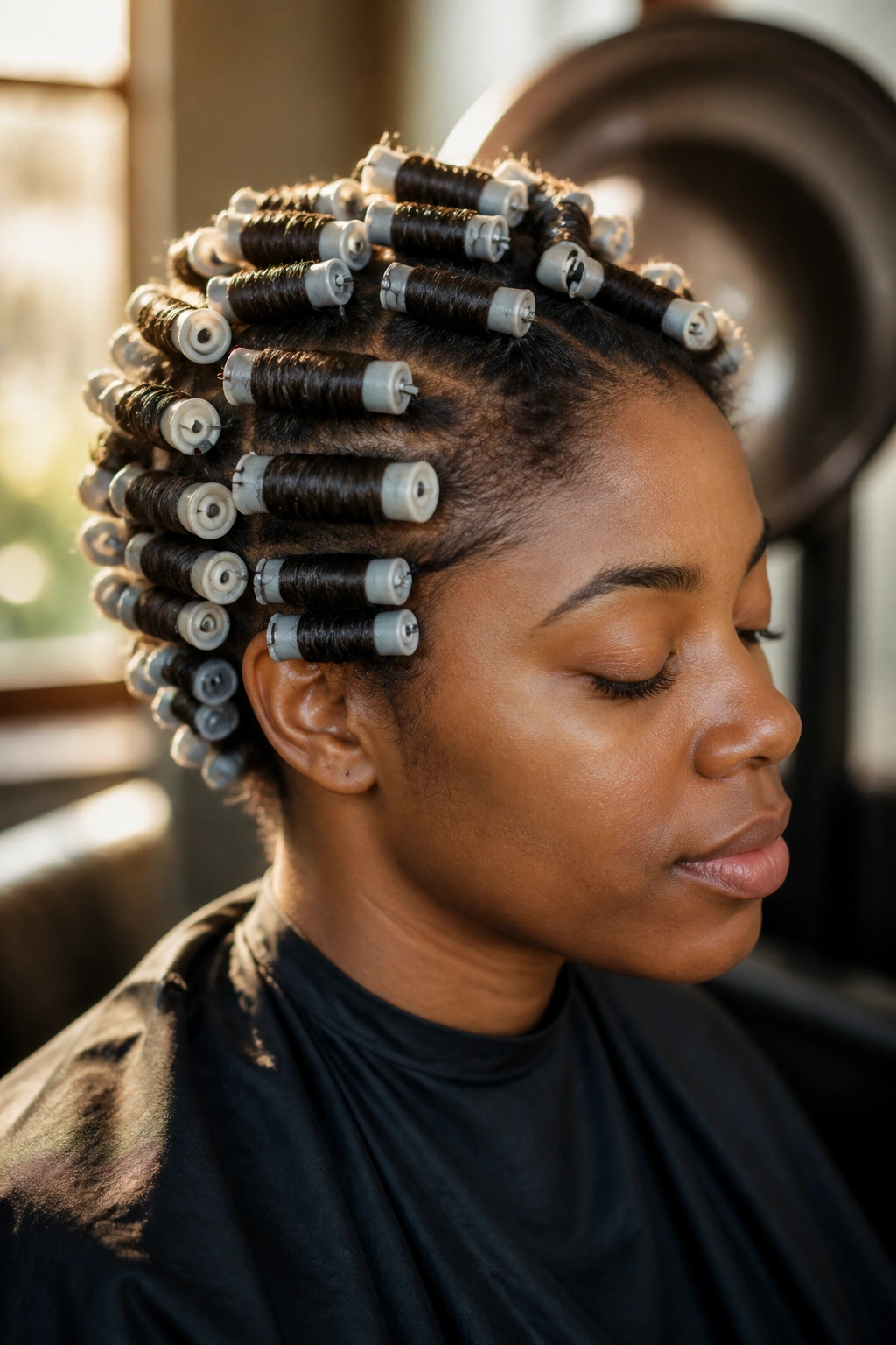 Real person with perm rods in hair showing springy curls in a salon setting