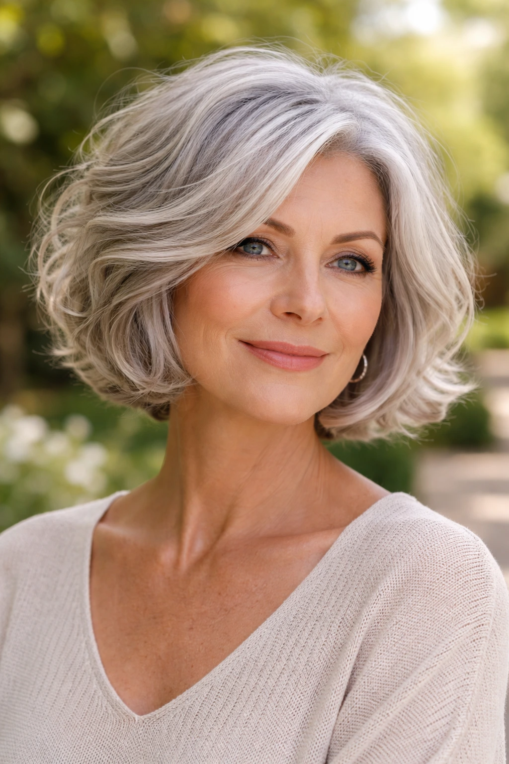 Real woman with body-wave bob in soft waves under natural light