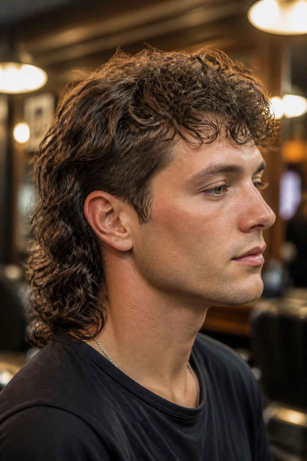 Close-up portrait of a man with a permed mullet featuring a built-in bend in warm barber-shop light