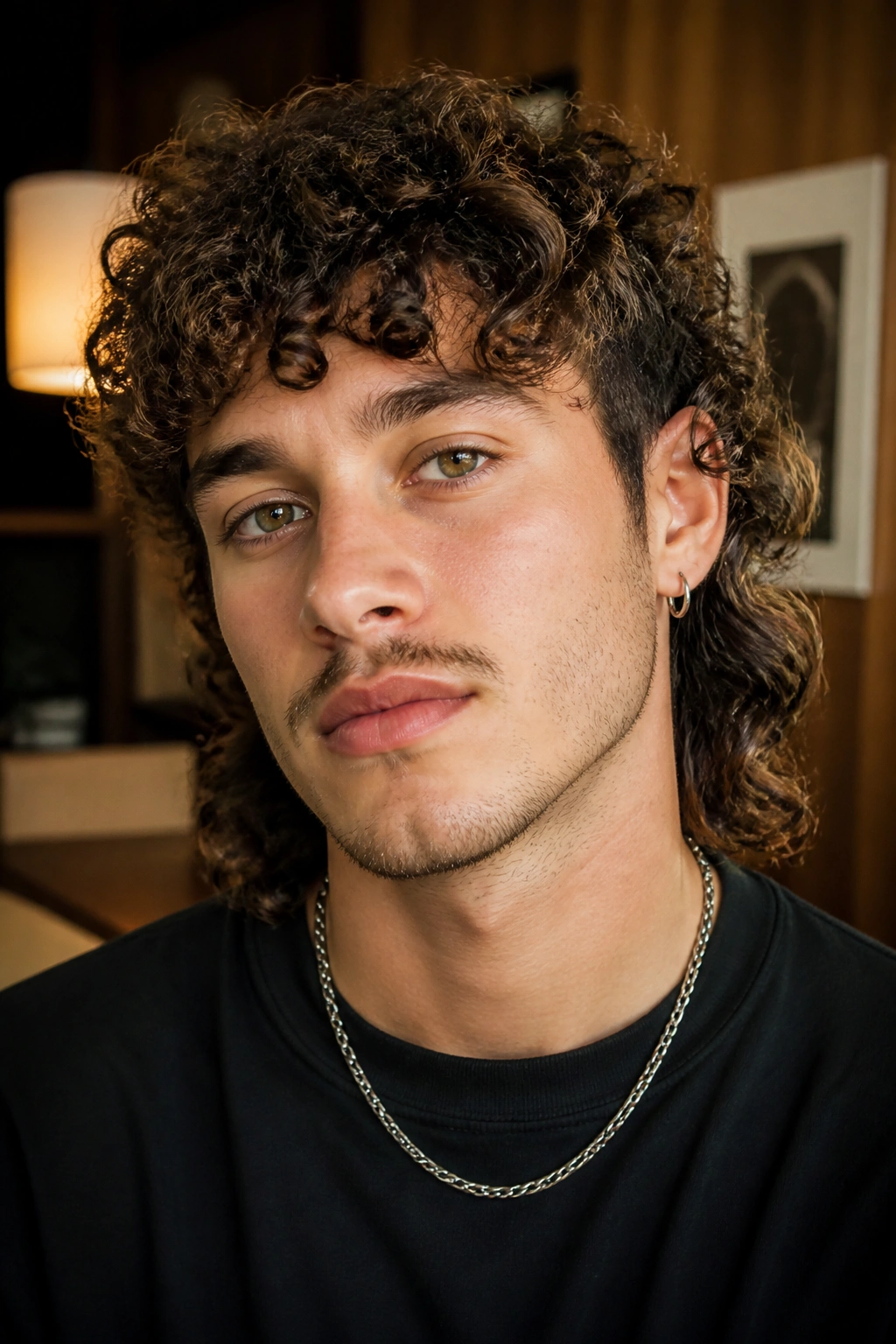 Close-up portrait of a real person with Permed Mullet hairstyle and defined curls.