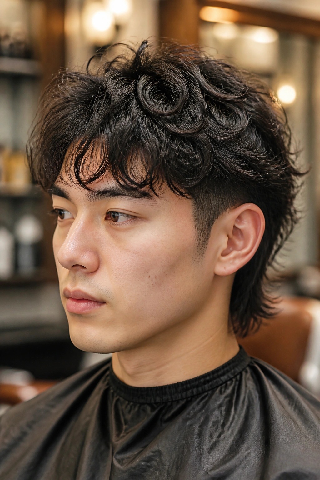 Close-up of a man with a permed wolf cut in a modern salon.