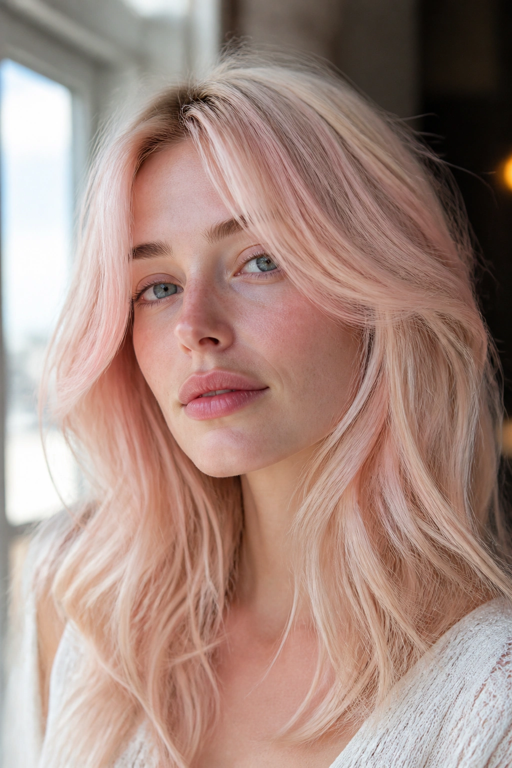 Close-up portrait of a woman with petal pink blonde hair