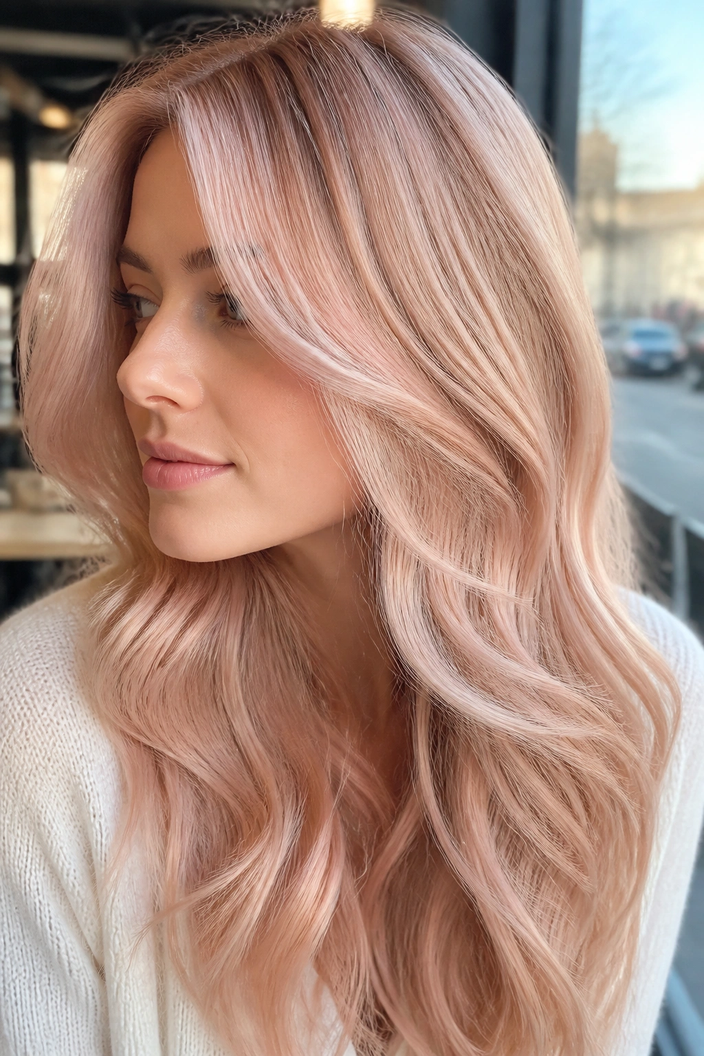 Close-up of a real woman with Petal Pink Champagne Blonde hair by a cafe window.