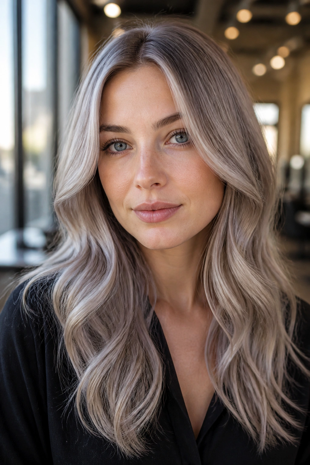 Close-up portrait of a real woman with pewter blonde gloss hair in natural salon light