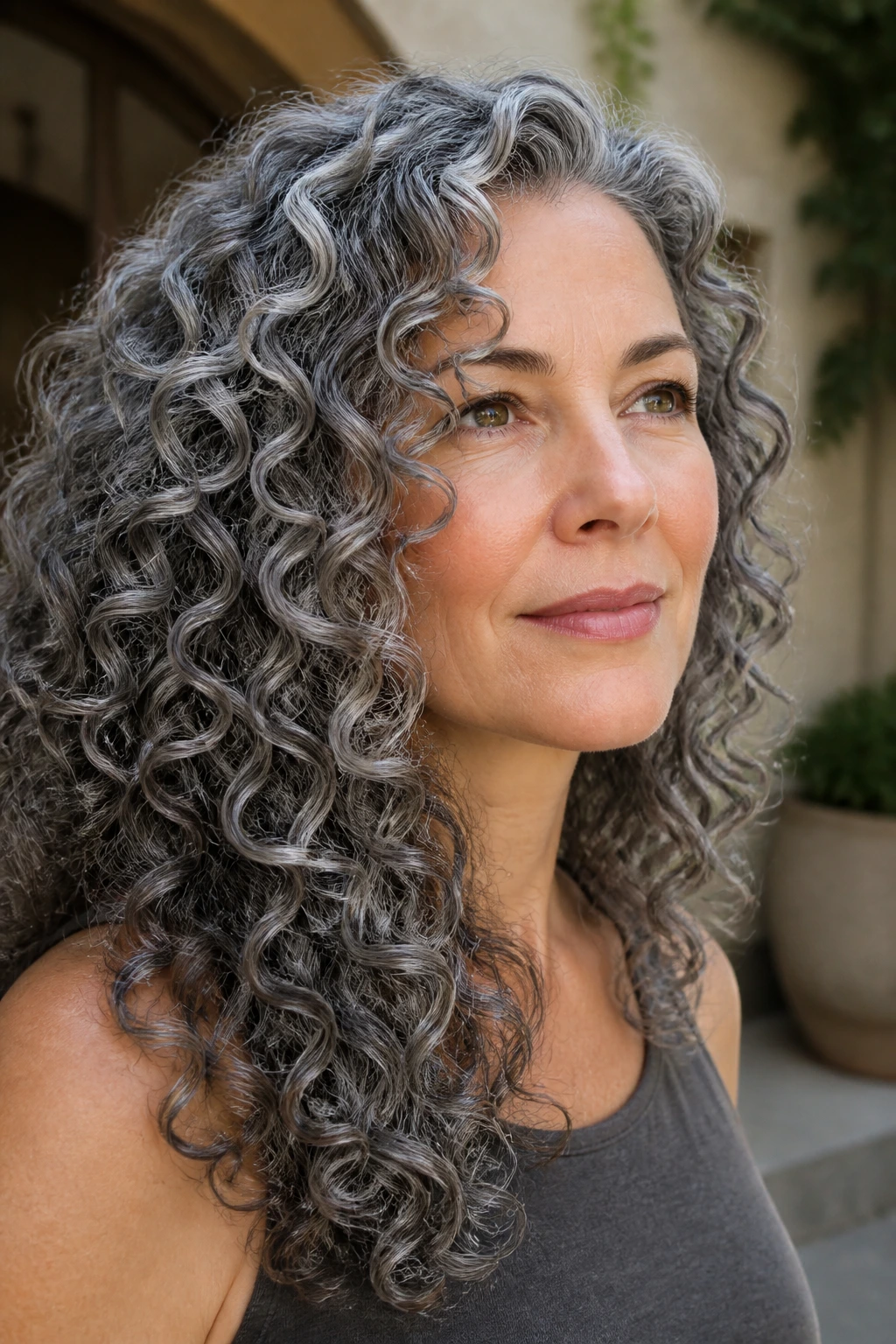 Close-up of a real person with pewter curls in natural light