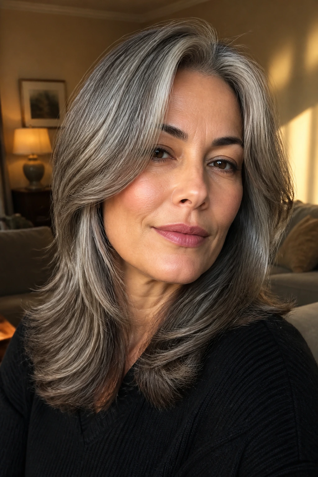 Close-up portrait of a real person with pewter curtain layers framing the cheeks