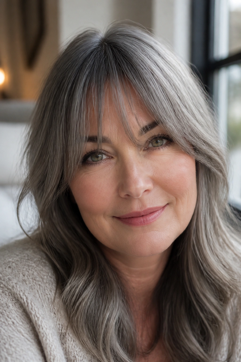 Close-up portrait of a real woman with pewter gloss and airy fringe, natural window light.