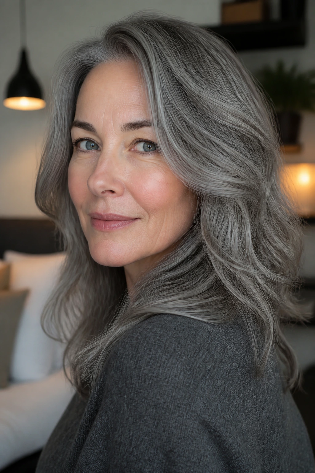 Close-up portrait of pewter gray blend hair on a real person