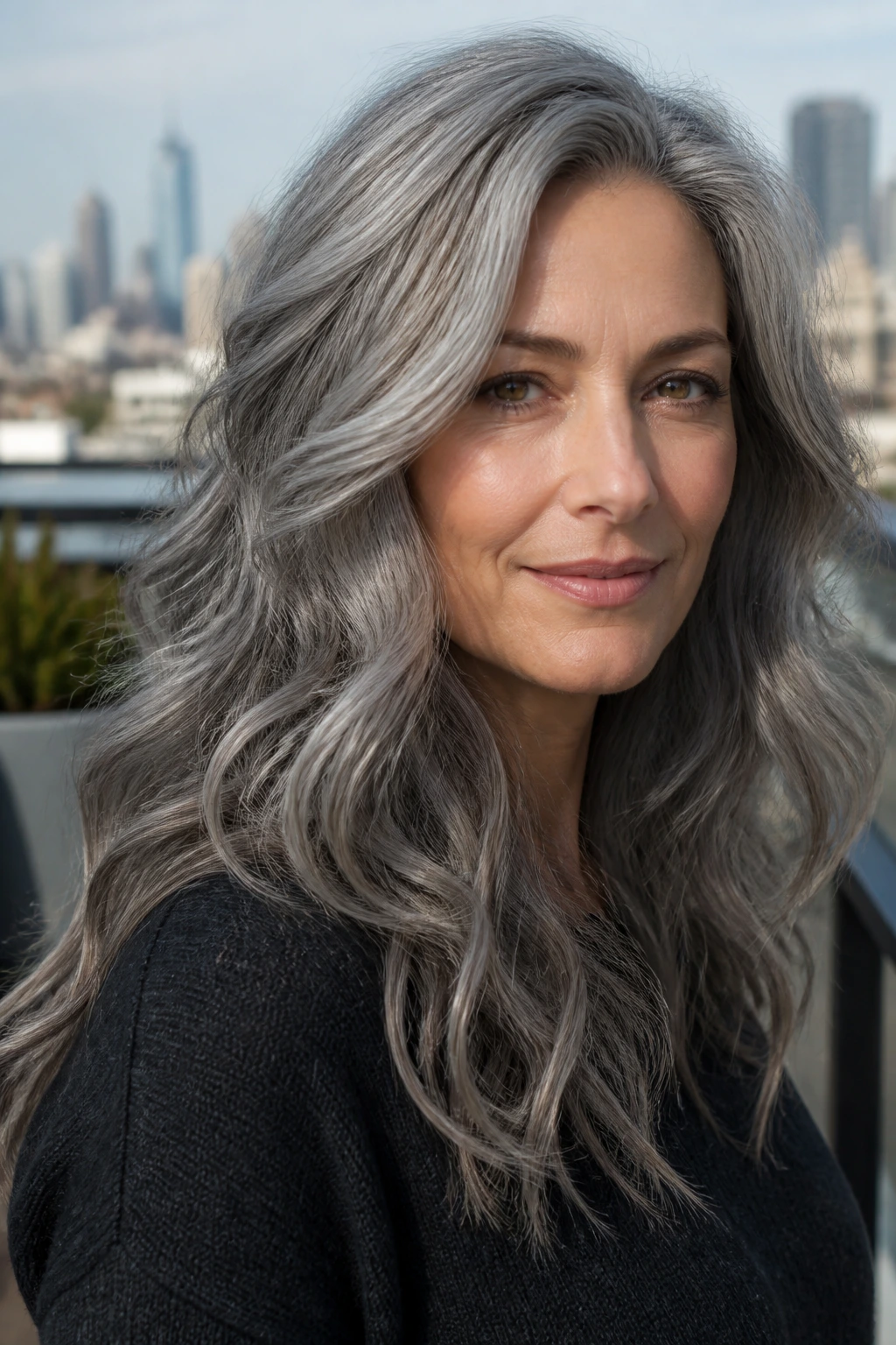 Close-up of a person with pewter gray wavy hair on an outdoor terrace