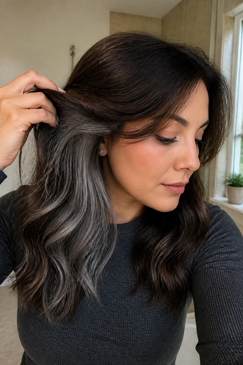 Close-up of dark hair with pewter peekaboo highlights visible beneath the top layer