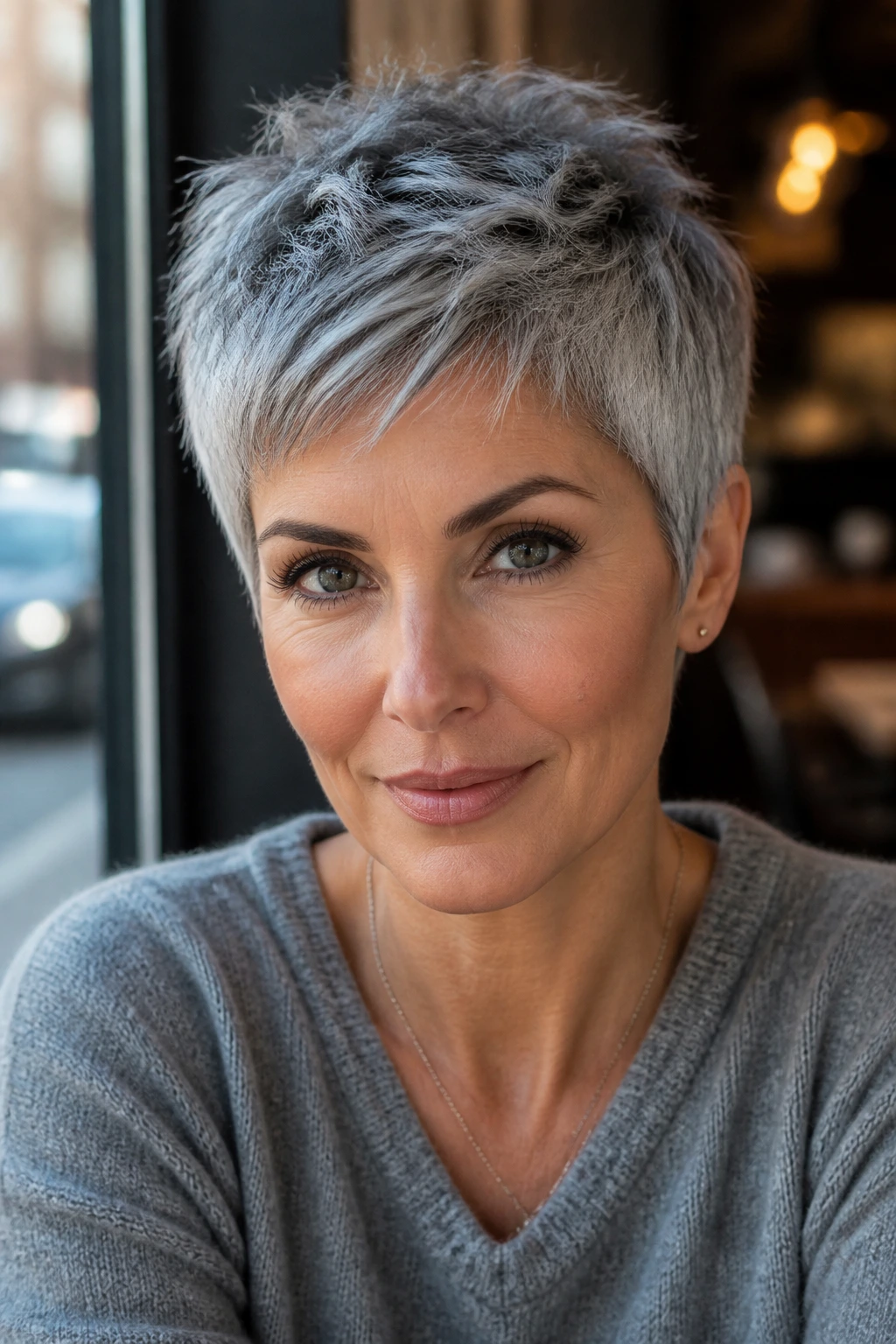Close-up portrait of a real person with pewter pixie cut hair