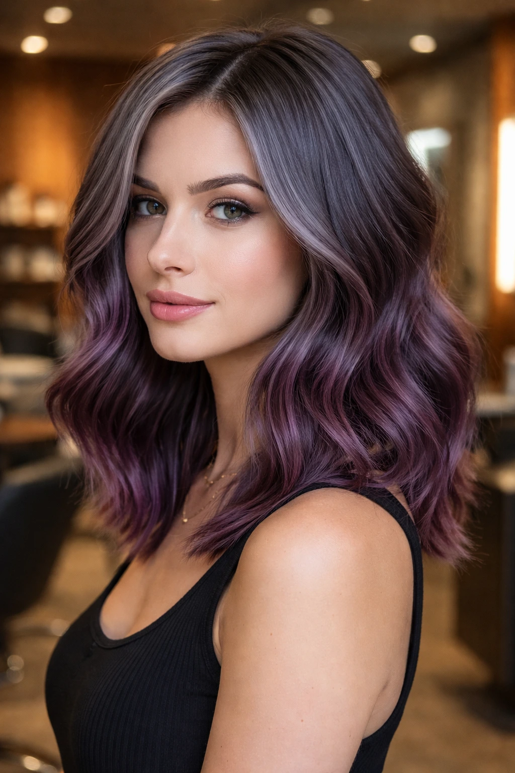 Portrait of a real woman with pewter-gray roots and plum ends.