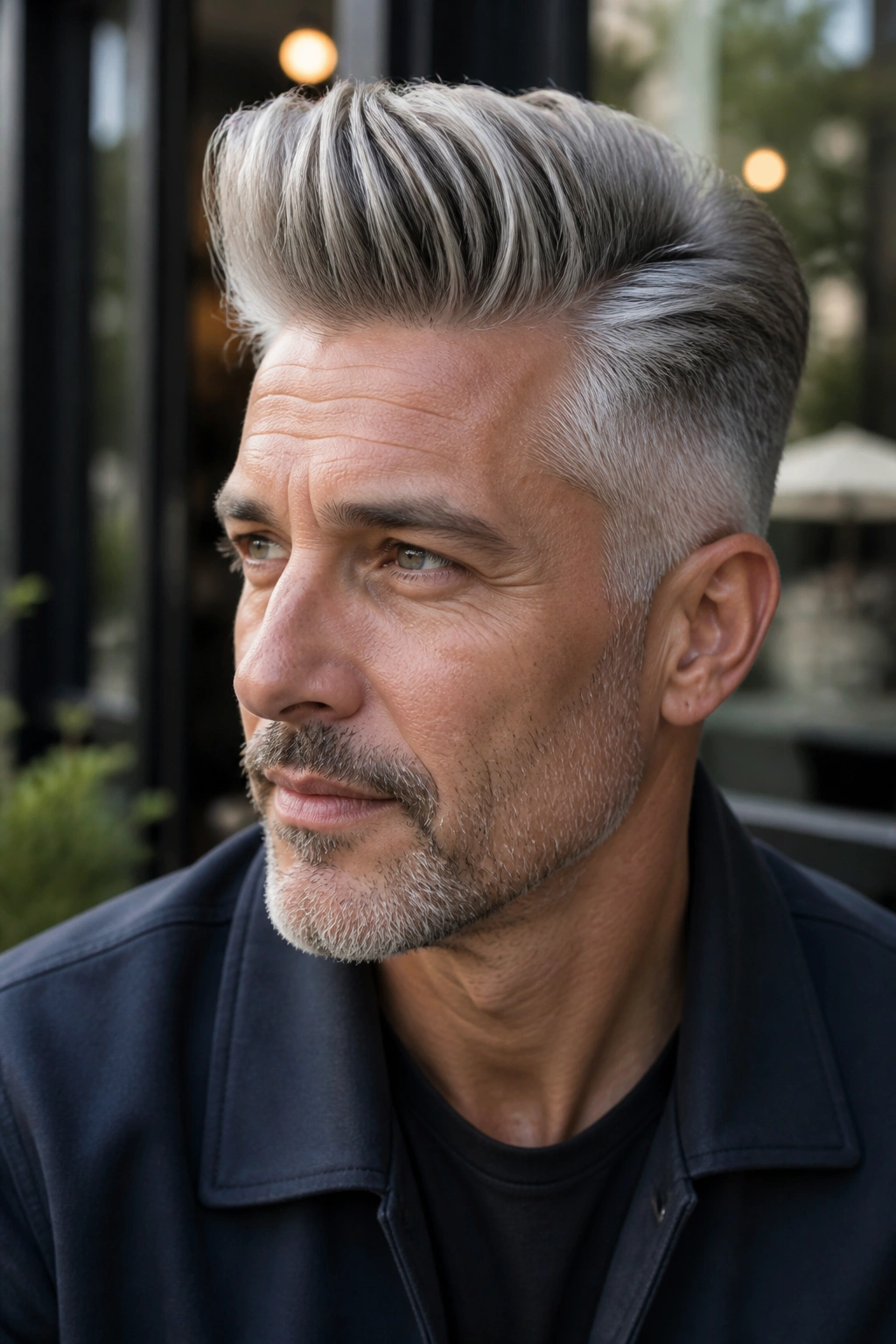 Close-up portrait of a man with pewter gray pompadour in a cafe exterior setting