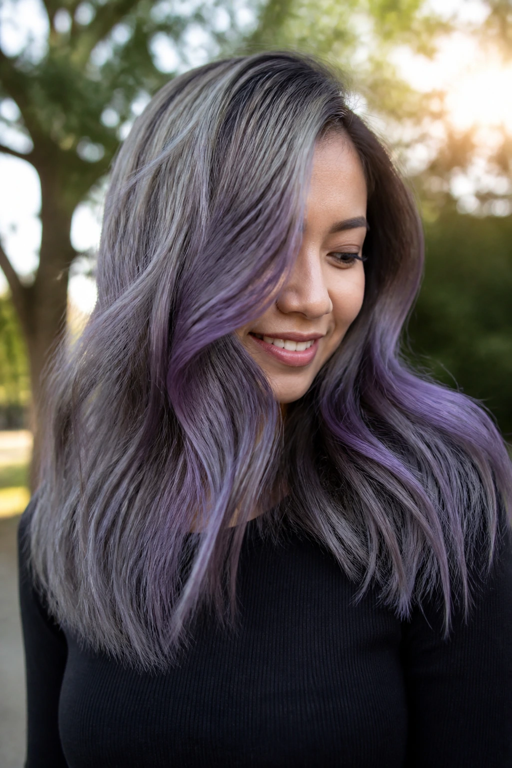 Pewter grey base with purple balayage highlighting hair in motion, real person.