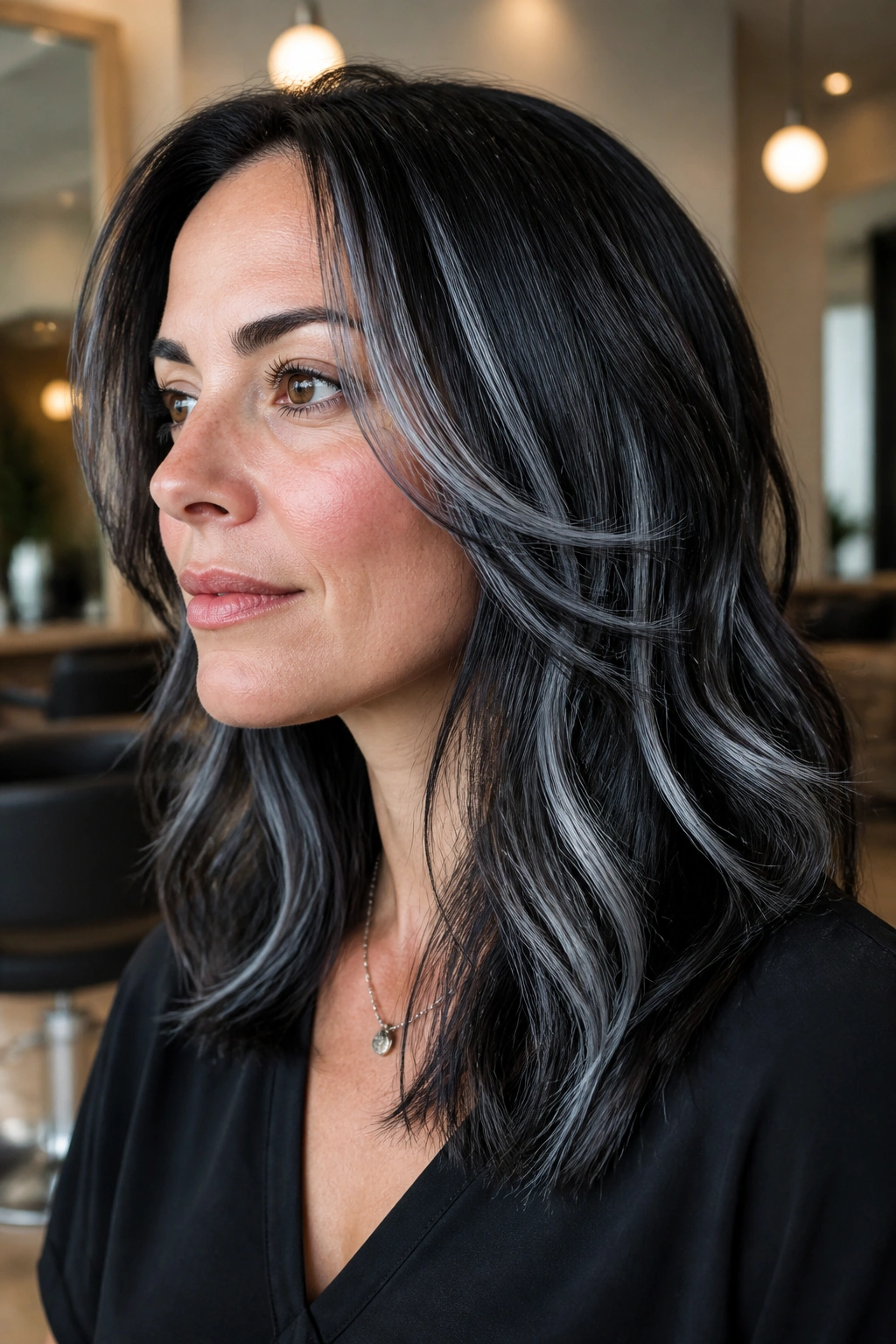 Real person with black hair featuring pewter ribbons woven through the mid-lengths.