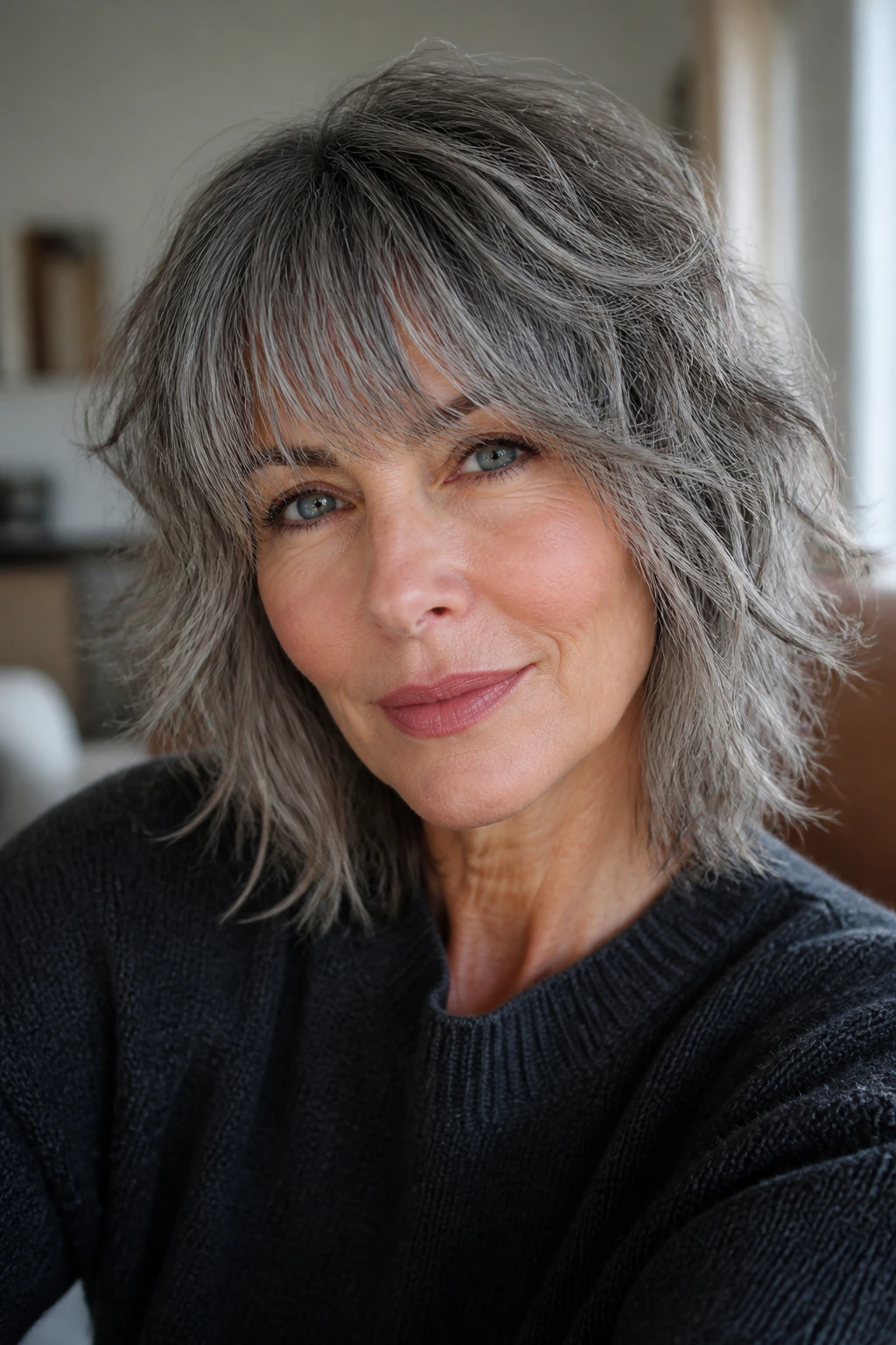 Close-up of a real woman with pewter shag hairstyle in soft window light