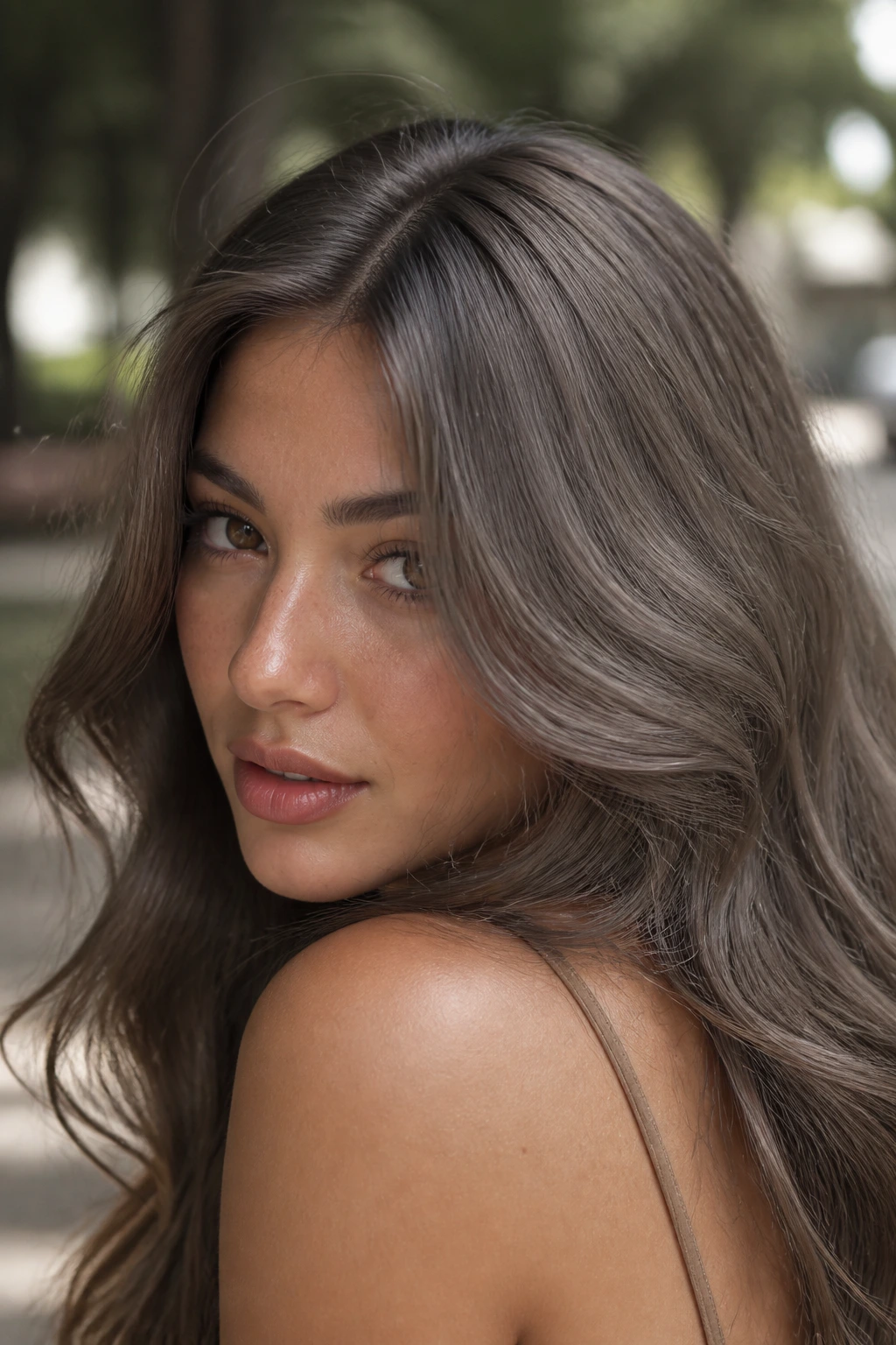 Close-up portrait of a real person with pewter walnut brown hair
