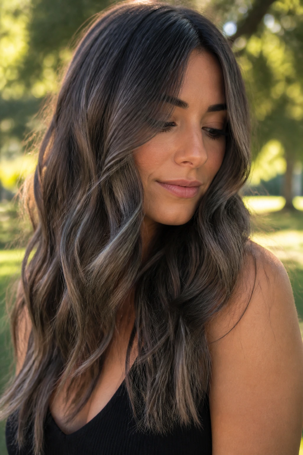 Close-up portrait of a real woman with long brown hair in soft pewter waves