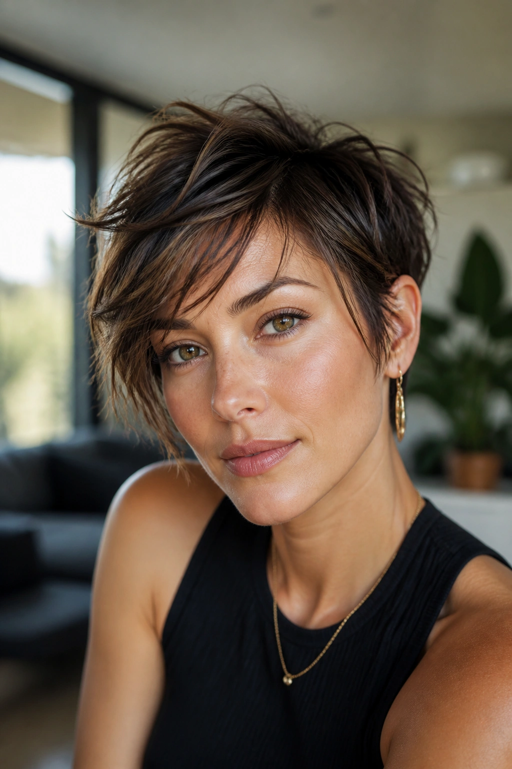 Close-up portrait of a real woman with a Piece-Y bixie haircut