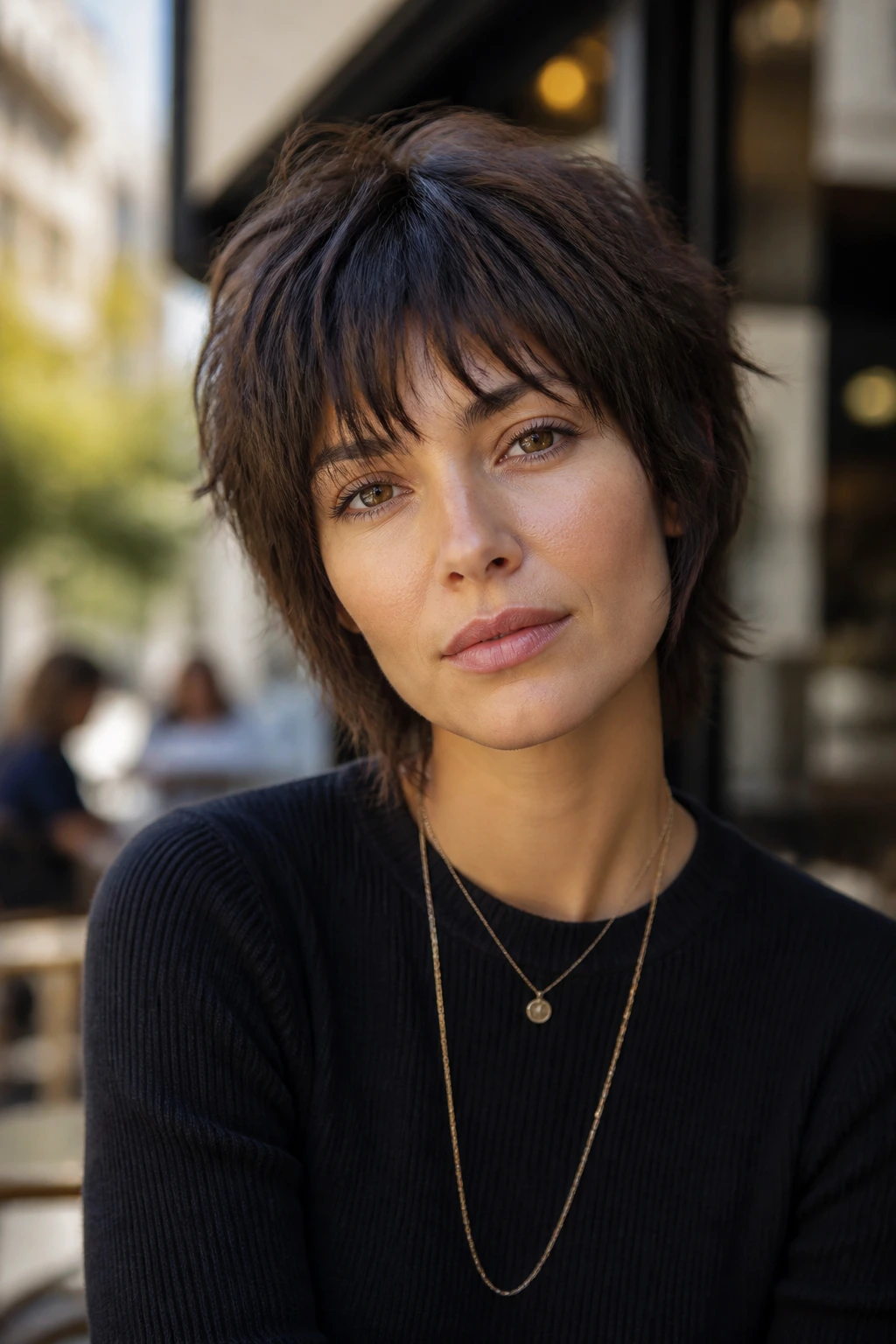Close-up of a real woman with piece-y blunt shag showing textured ends.