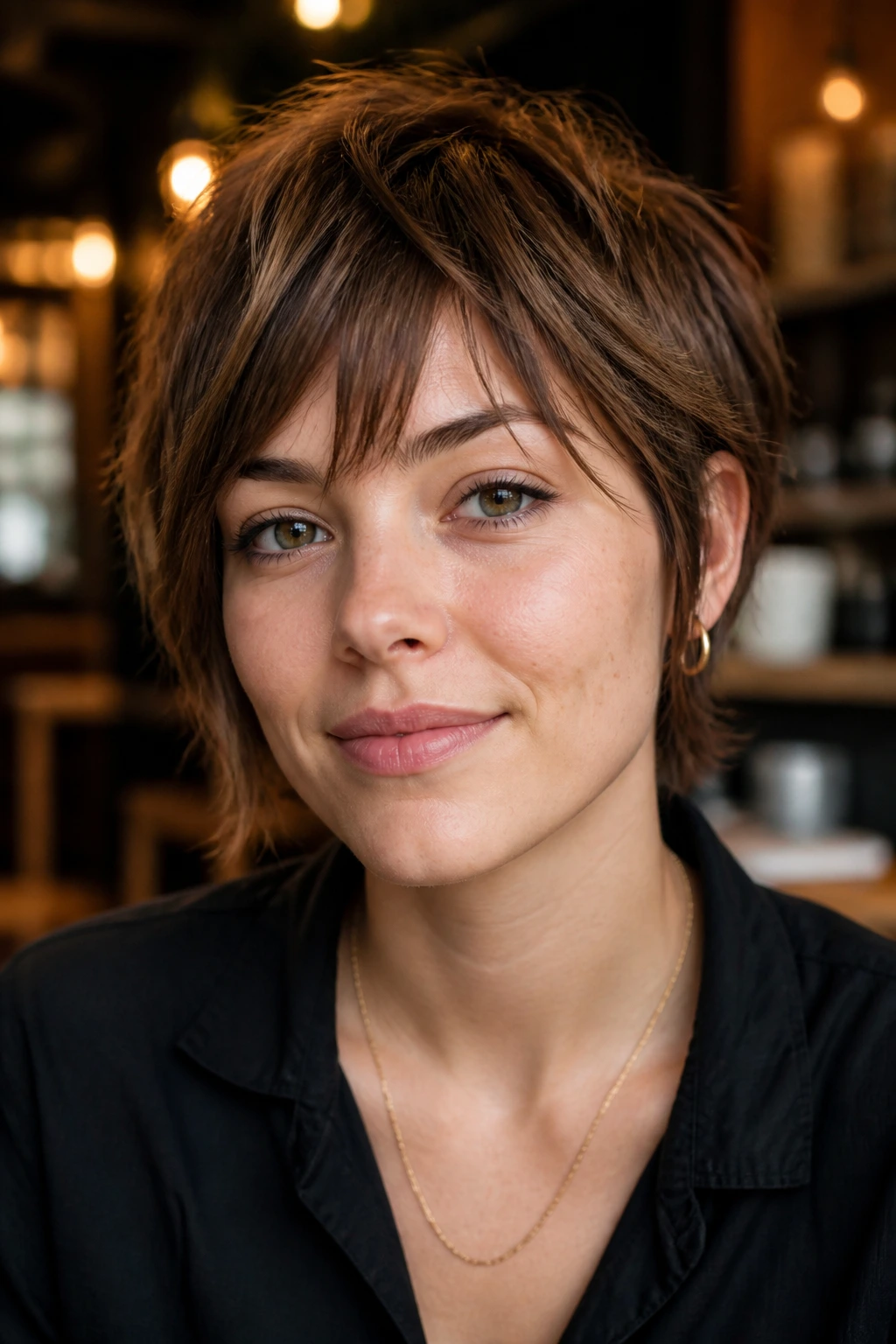 Real person with layered crop and piece-y fringe