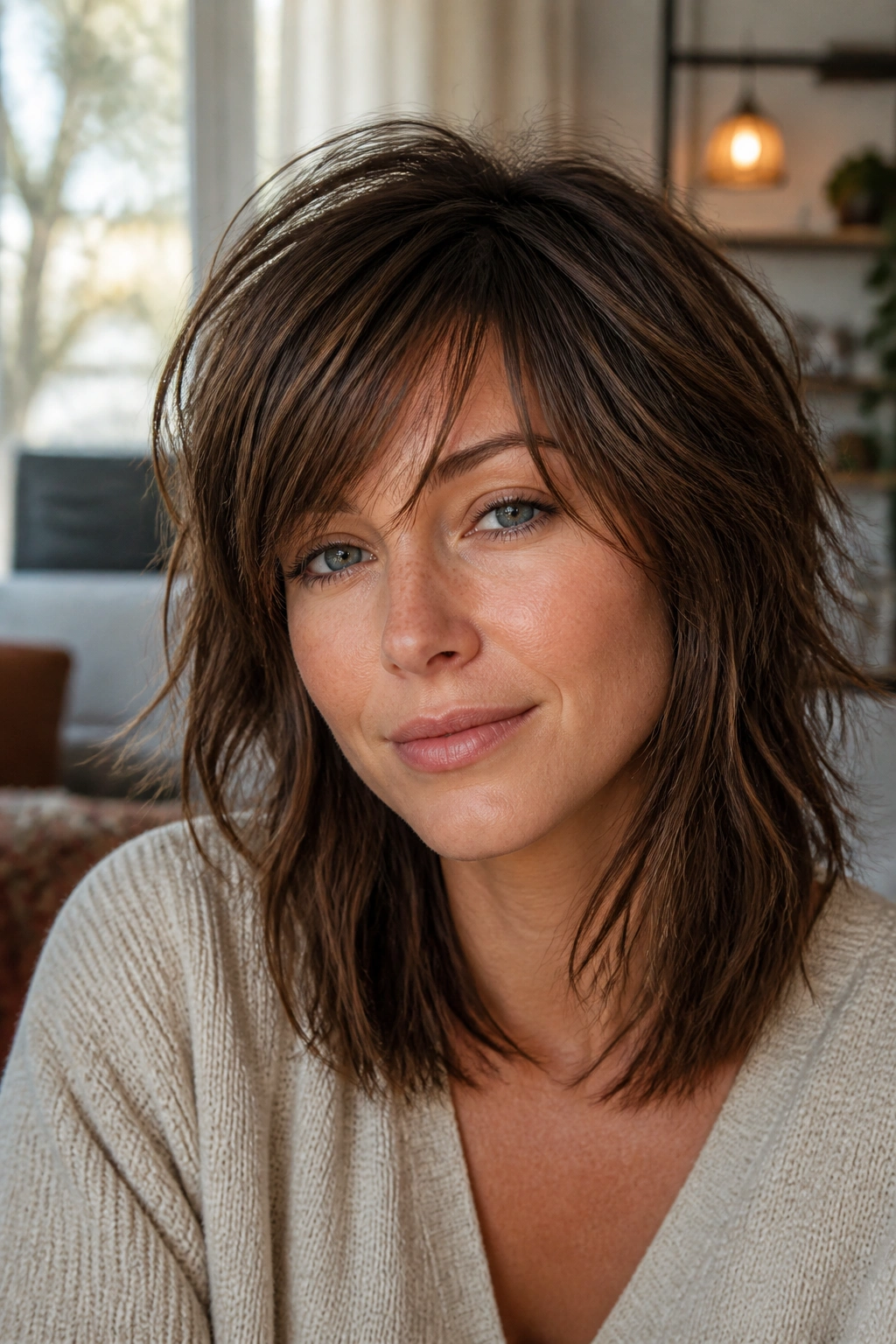 Close-up of a real woman with a piece-y fringe in a shag cut, natural window daylight