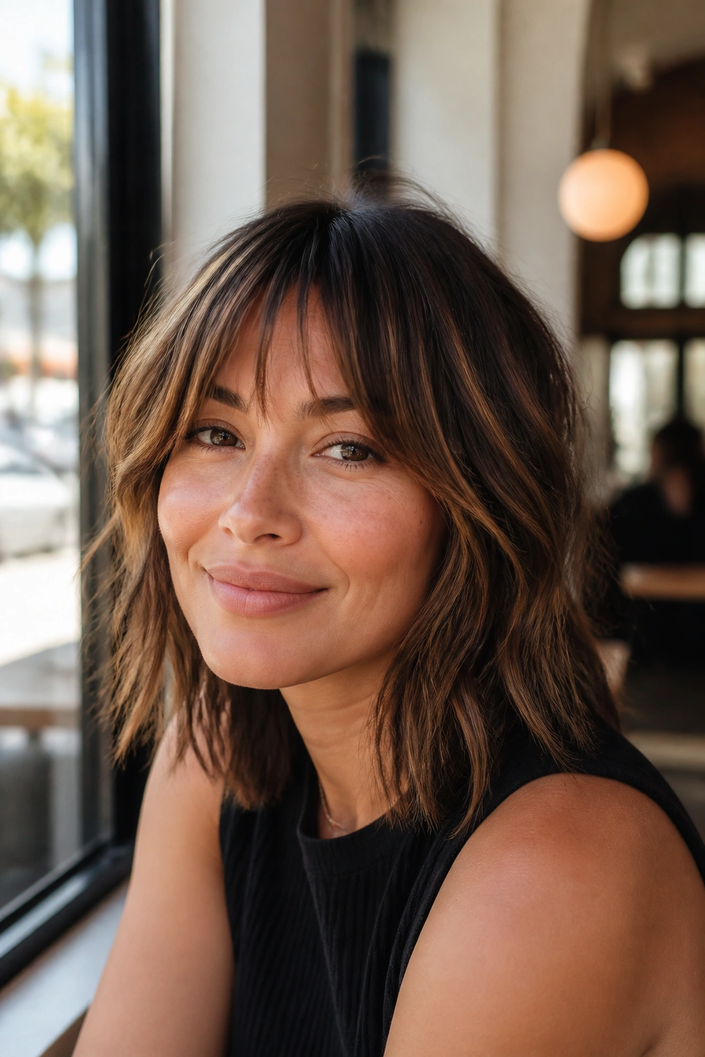 Real woman with piecey bangs and caramel ribbons in brunette hair