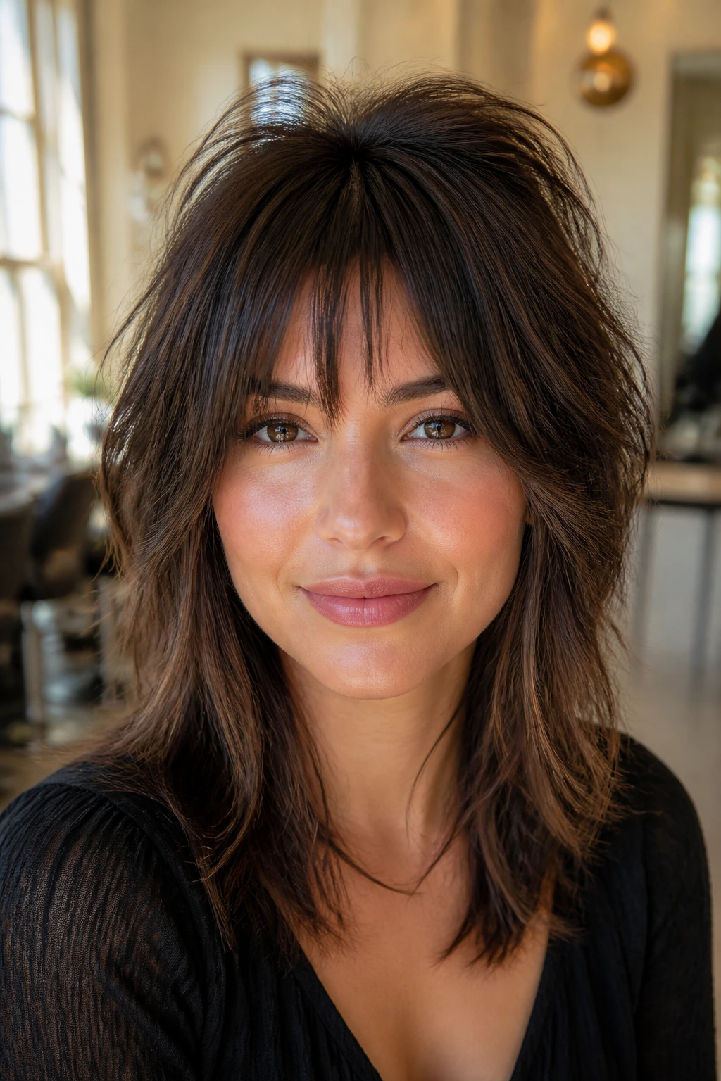 Close-up of a real woman with piecey bangs and crown lift in natural light