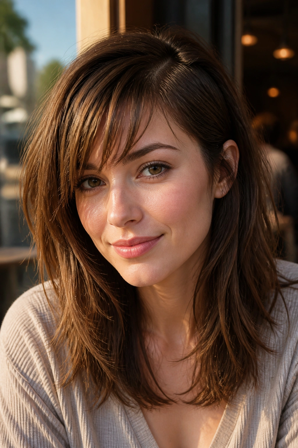 Close-up of a real woman with a deep side part and piecey bangs in cafe light