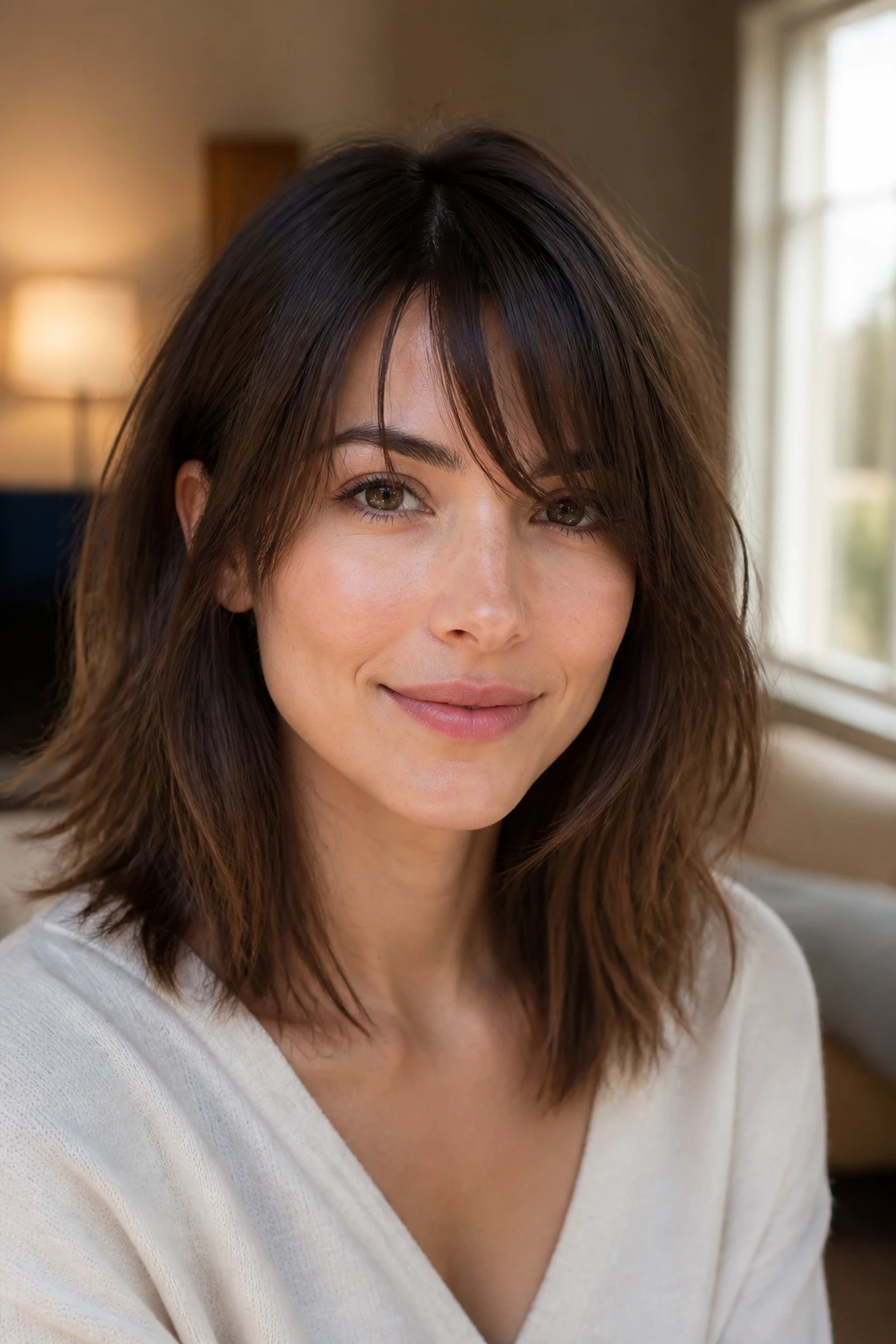 Close-up of a woman with piecey bangs on medium-length hair.