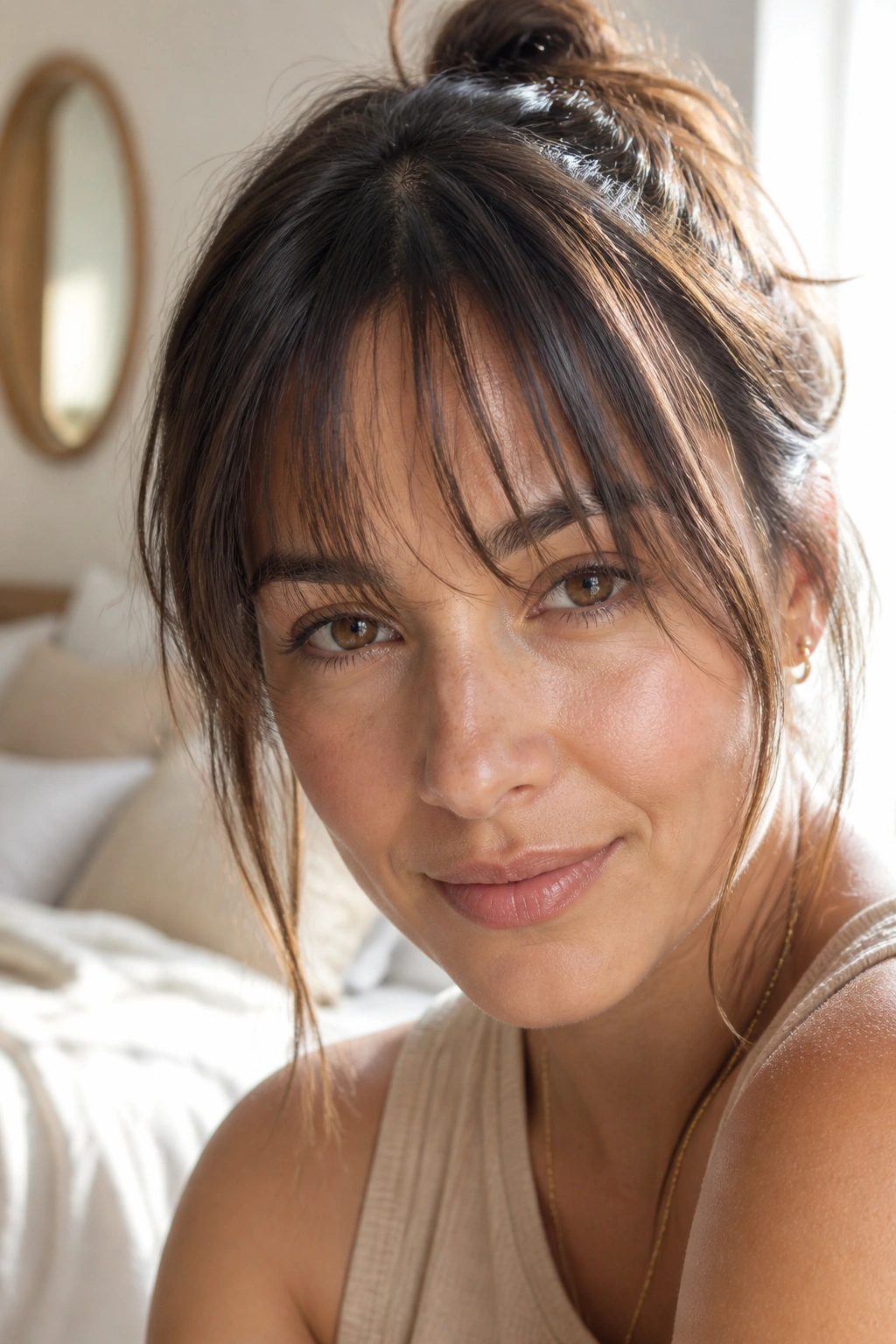 Close-up of piecey separated bangs on a real woman