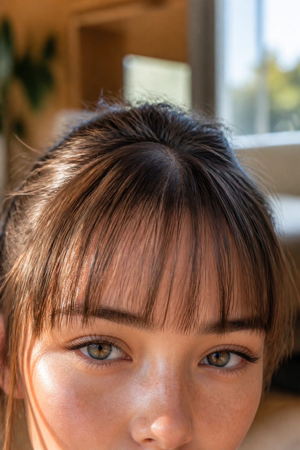 Real woman with piecey straight fringe in sunlit living room