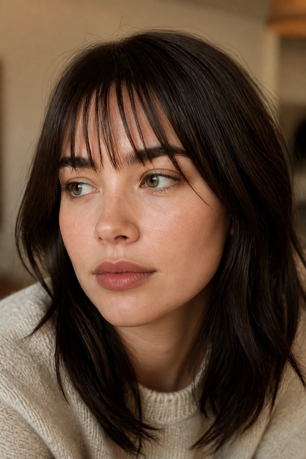 Close-up of a real person with textured piecey bangs and soft forehead edges