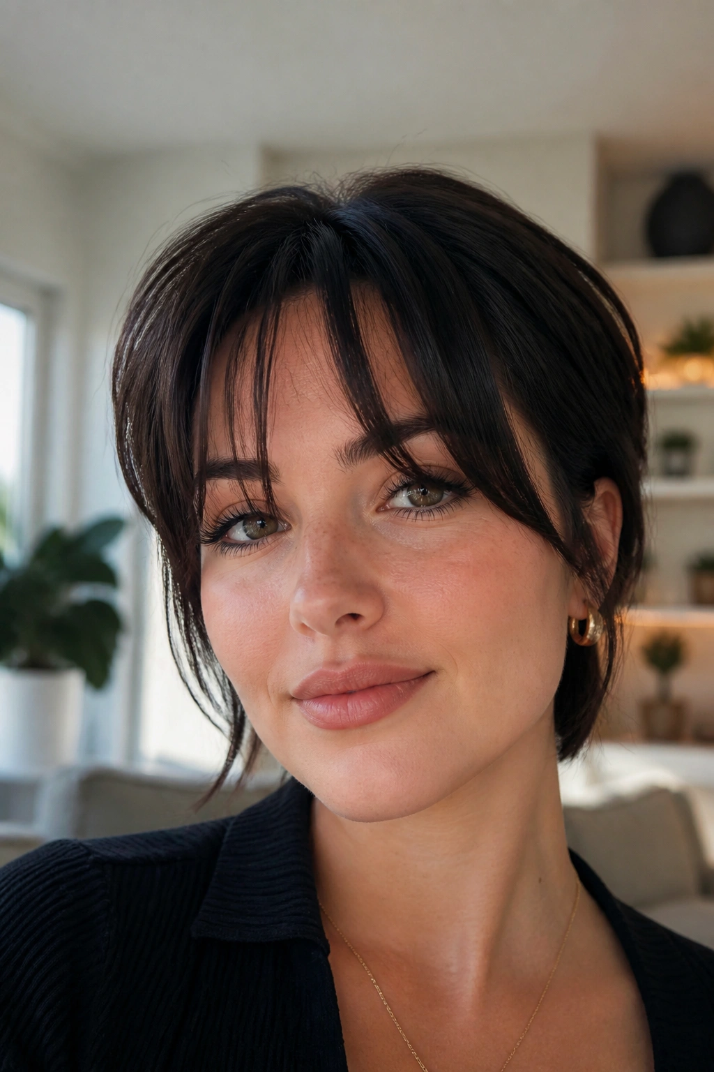 Close-up of piecey split curtain bangs on a real woman