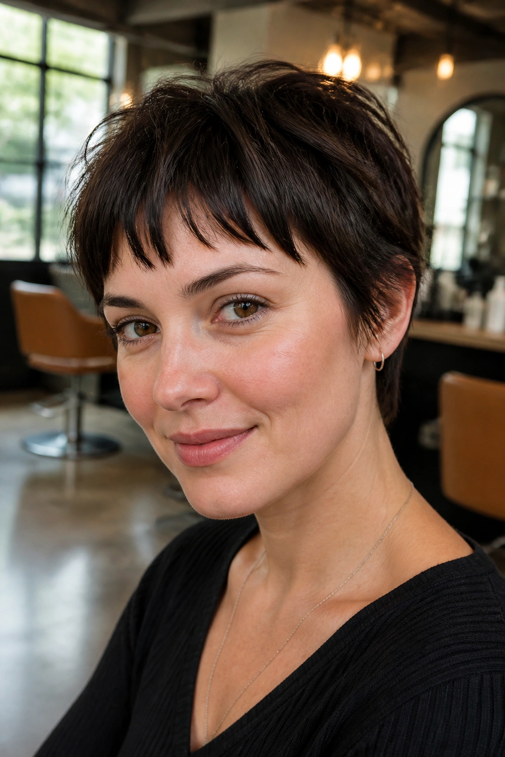 Close-up of a real person with piecey short bangs and dry texture.