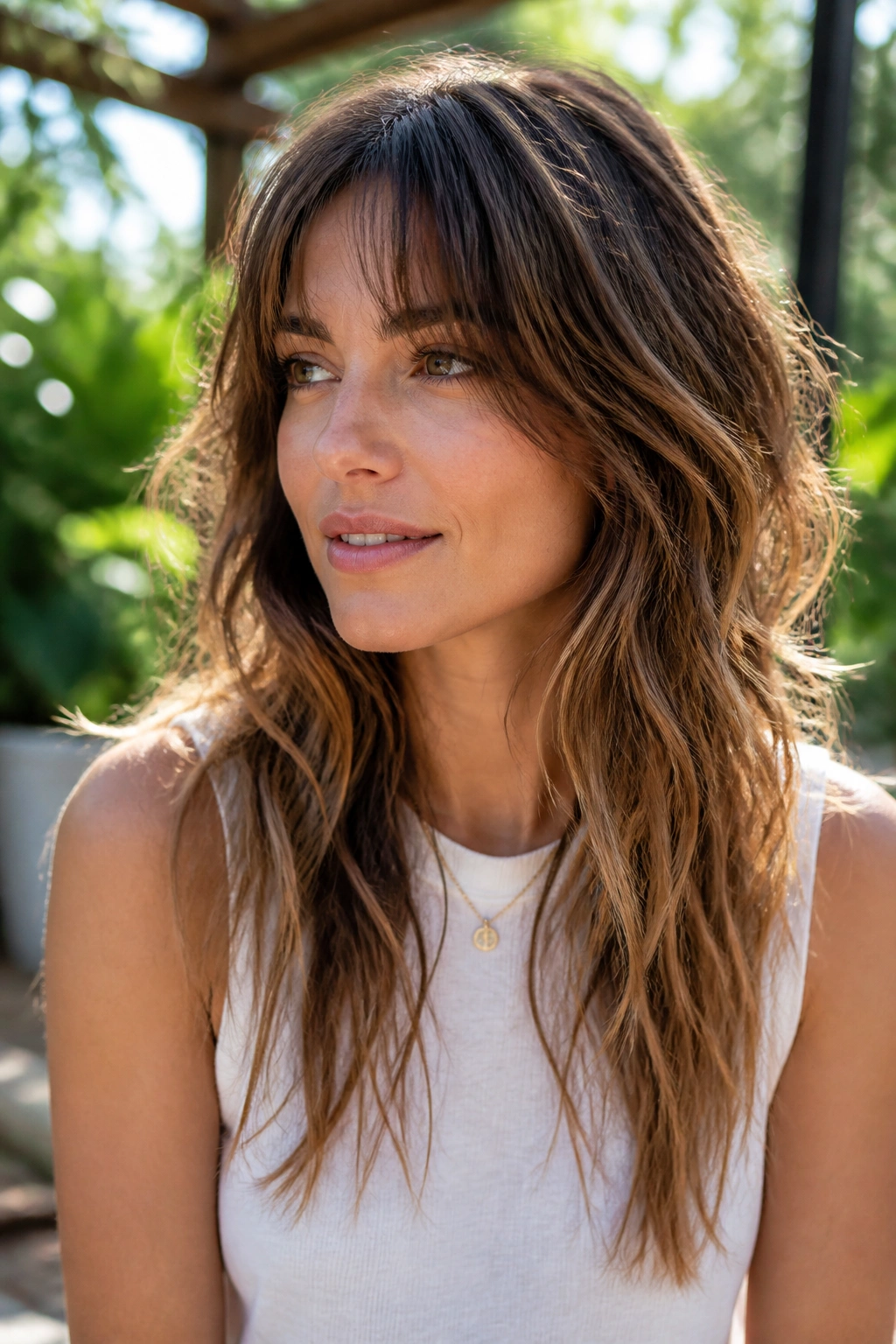 Close-up of a real woman with piecey beach shag and air-dried texture, in sunlit outdoor setting.