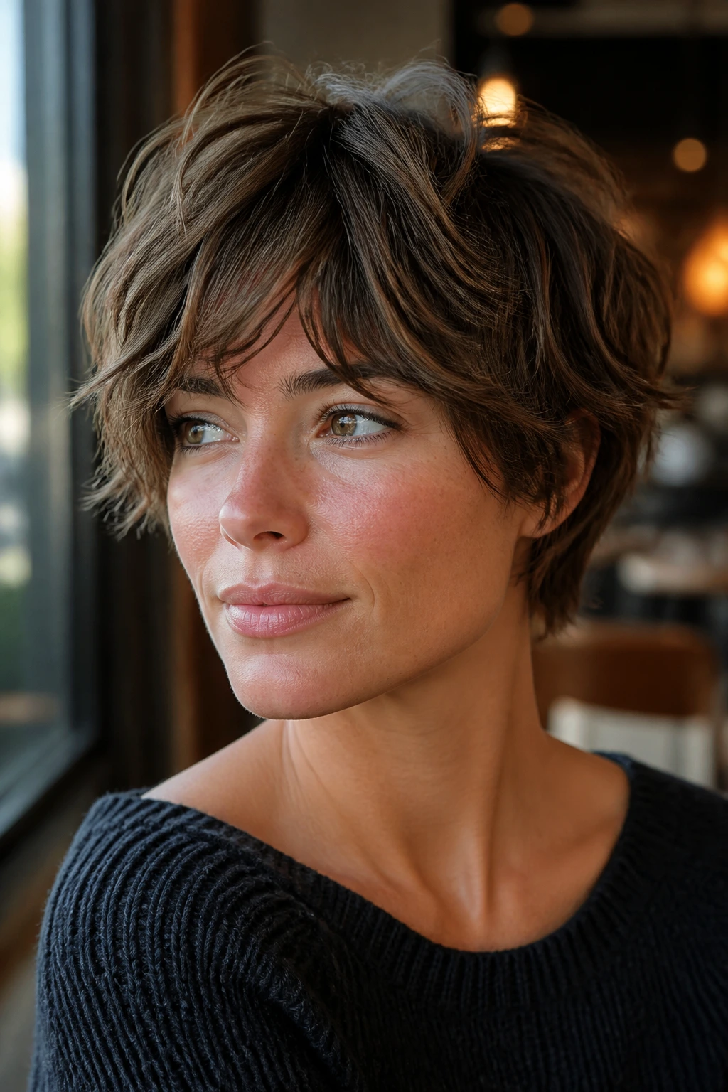 Close-up of a real woman with a textured piecey bixie showcasing defined ends and soft waves.