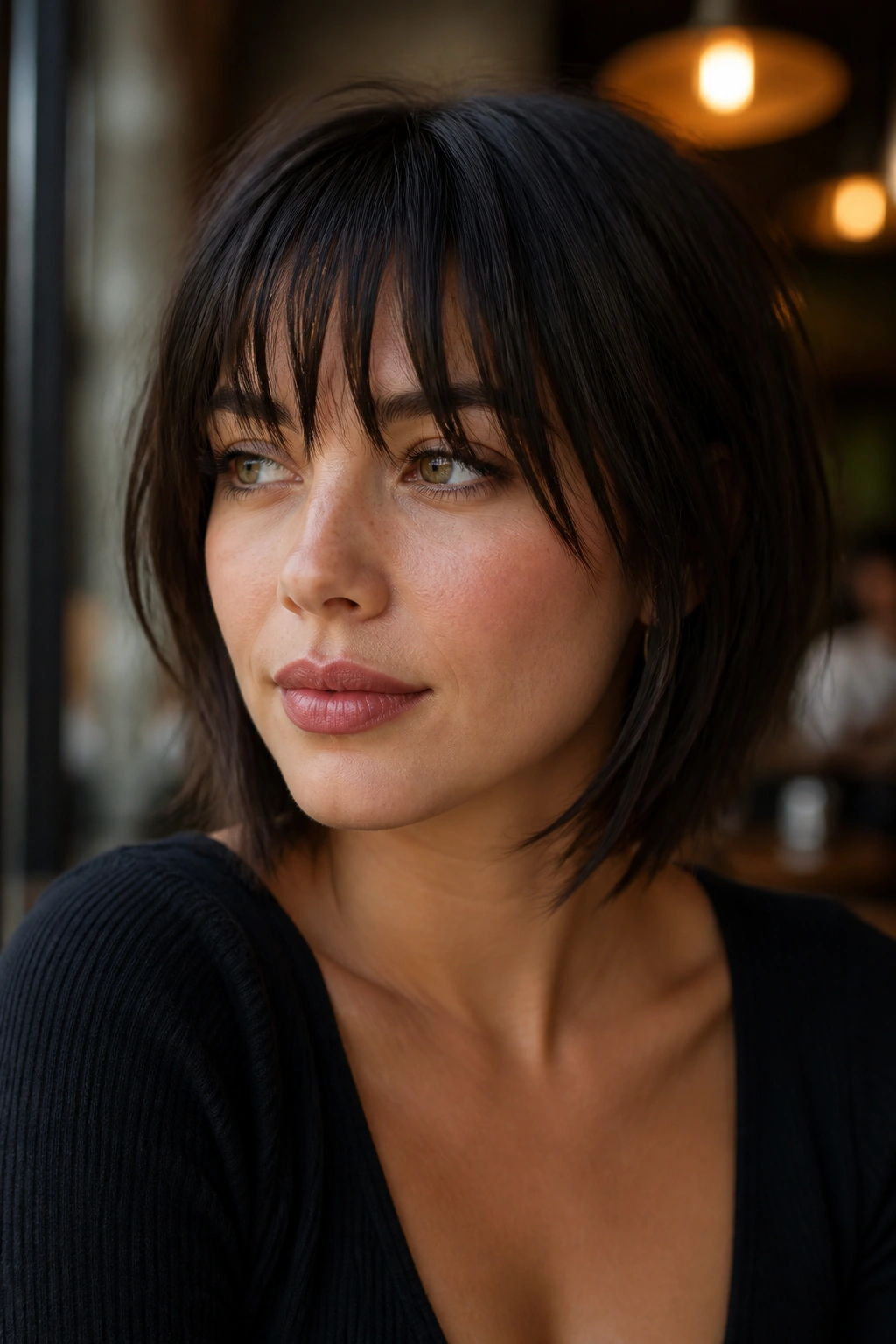Portrait of a woman with piecey blunt bangs and feathered ends in a sleek hairstyle.