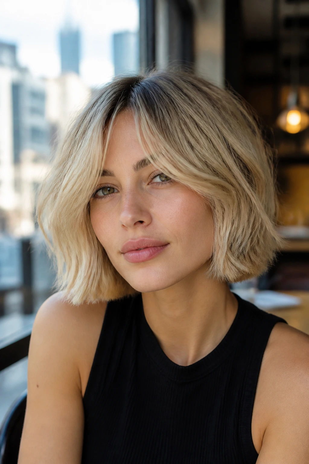 Close-up of a real woman with a piecey bob and curtain bangs
