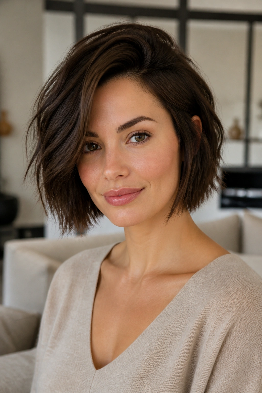 Portrait of a real woman with a piecey bob and deep side part