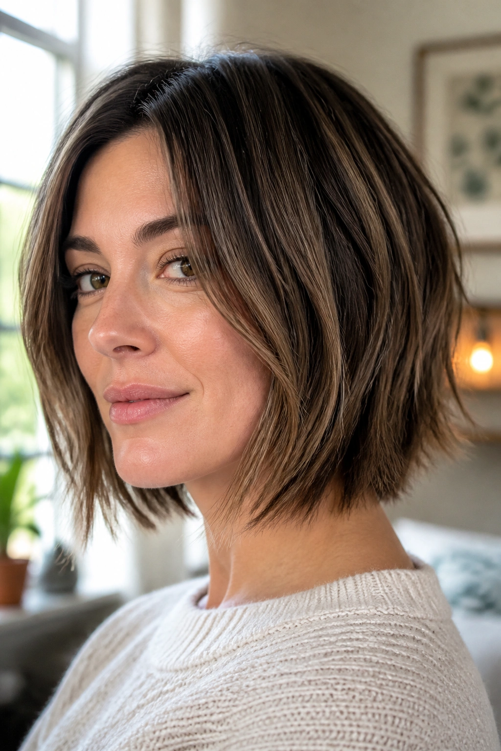Close-up portrait of a woman with a piecey bob and invisible layers